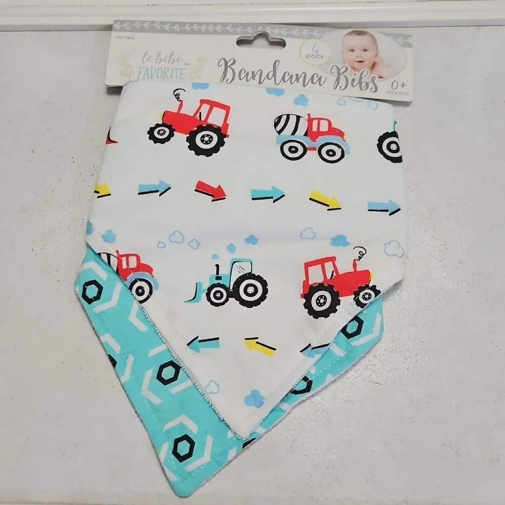 NWT Le Bebe Tractor and Geometric Bandana Bibs and Gerber Beanie Hat Set